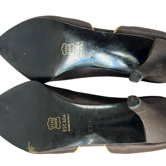 Brand - St. John | Current Boutique St. John Dark Brown  Satin Heels with Gold Lining and Trim
